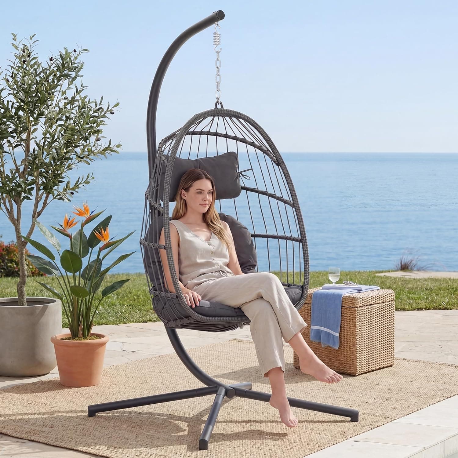 Yechen Egg Hanging Chair with Stand, 350 lb, Charcoal Grey