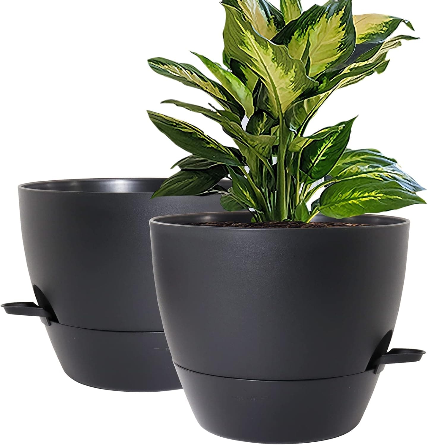 WOUSIWER 10 inch Self Watering Planters, 2 Pack Large Plastic Pots with Deep Reservoir and High Drainage, Blac