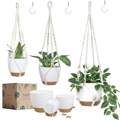 3 Set Self Watering Hanging Planters for Indoor Plants | 7/6/5.5 Inch Pots with Macrame Plant Hangers, Drainage Reservoirs and Hooks, Hanging Plant Holders, White