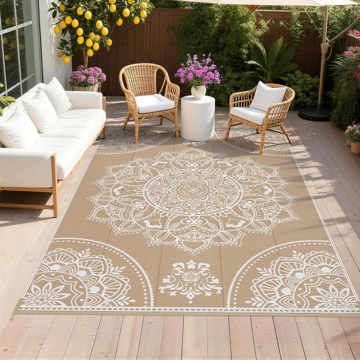 Pauwer Waterproof Outdoor Rug 6x9, Reversible Plastic Straw, Floral Brown