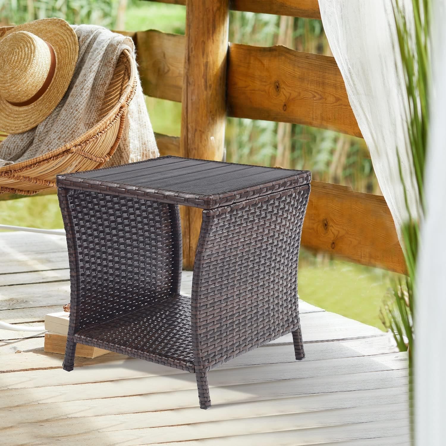 Outdoor Side Table for Patio, Small Rattan Wicker Coffee Table Balcony Table with Poly Lumber Table Top & Storage Bistro Table, Brown