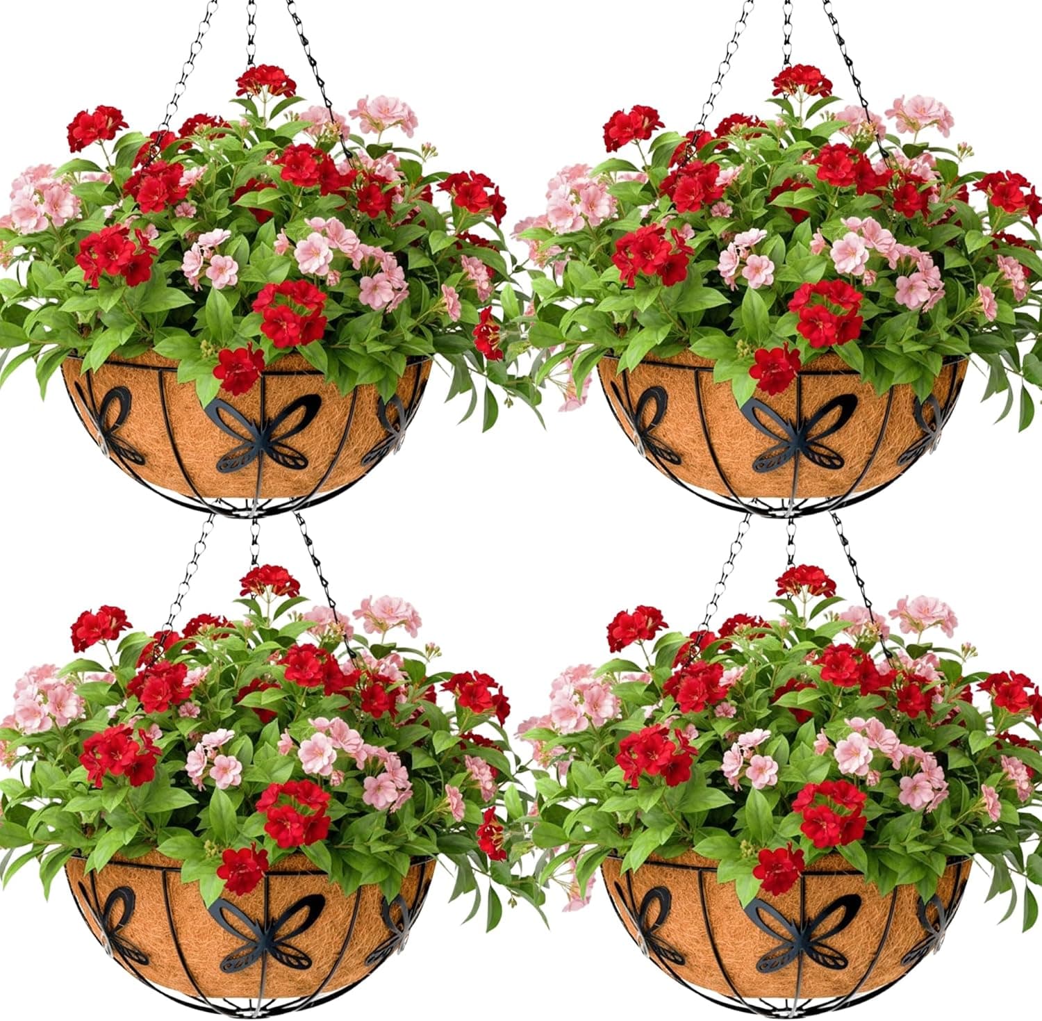 14 inch Metal Hanging Baskets for Plants, 4 Pack Round Wire with Coco Fiber Liners & Chain