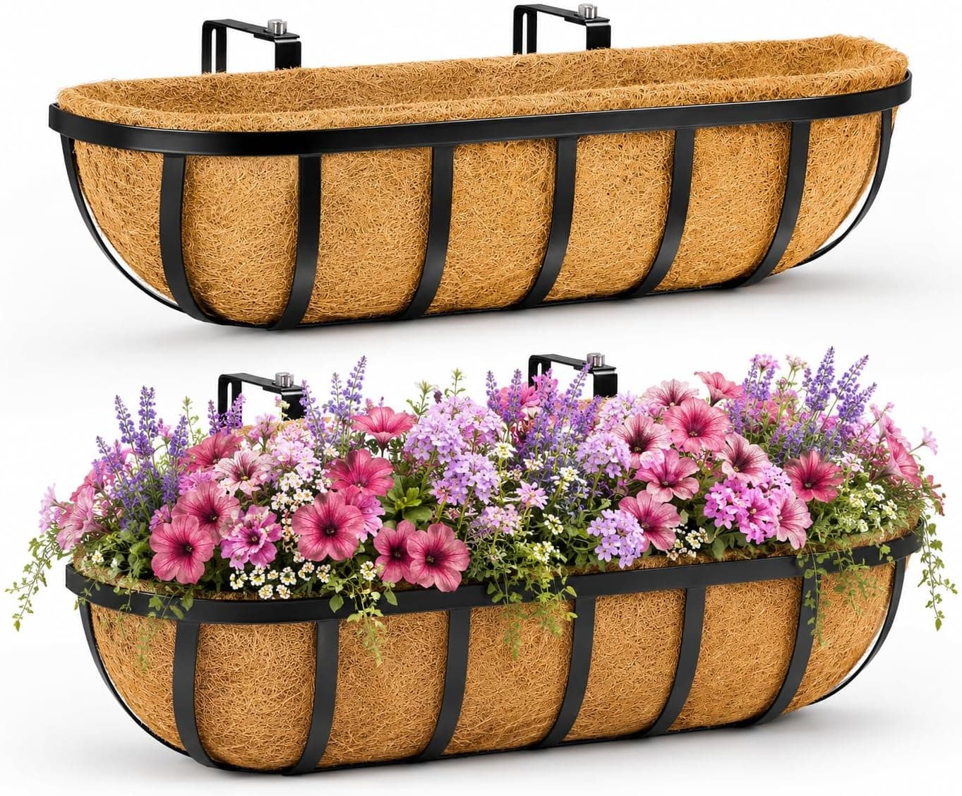 Y&M 4 Pcs Deck 30'' Railing Planters Outdoor Balcony, Large Metal Window Box with Coco Liner