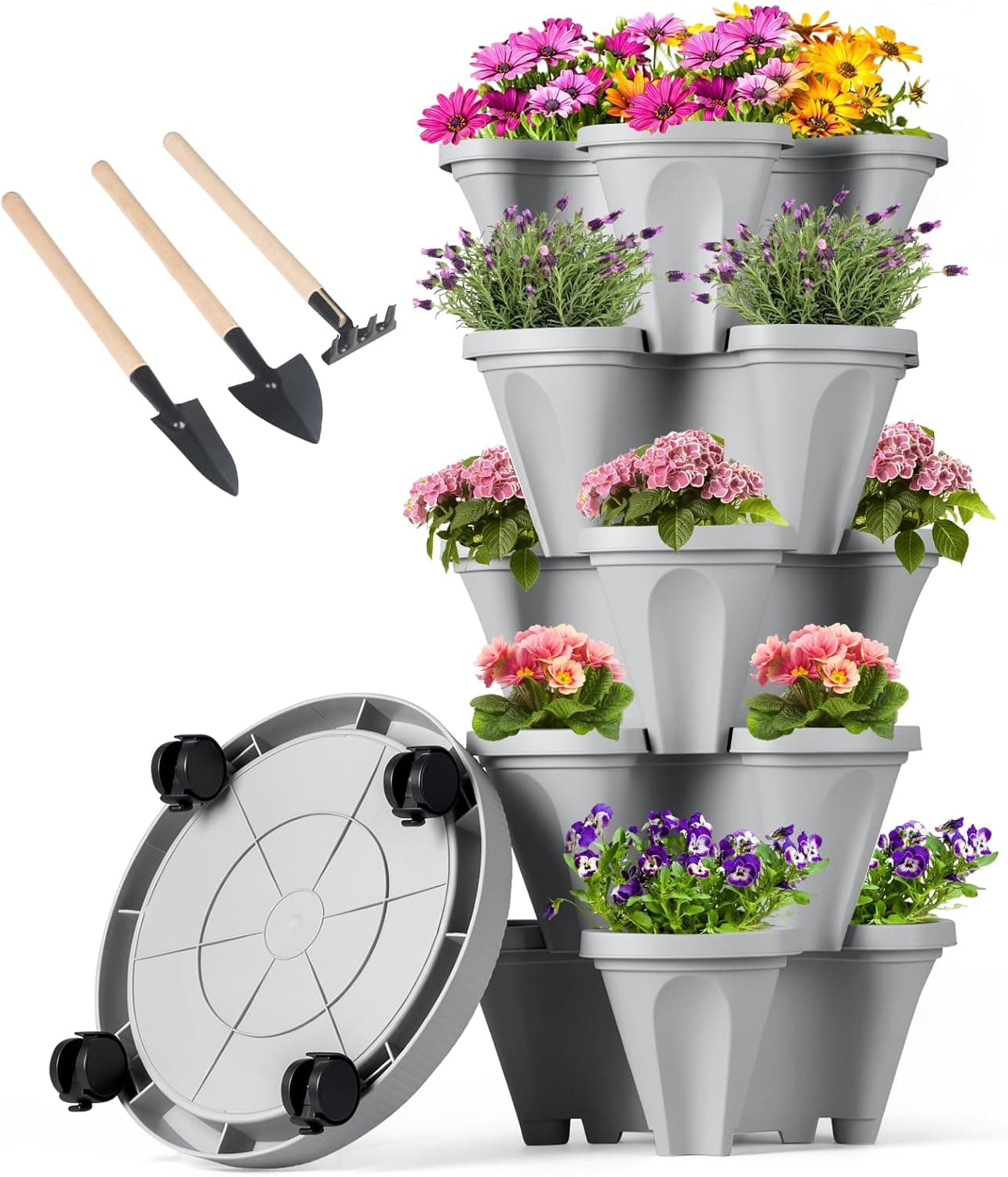 GameXcel Vertical Planter Tower, 5 Tier Stackable Garden Planters with Wheels and Tools, Gray