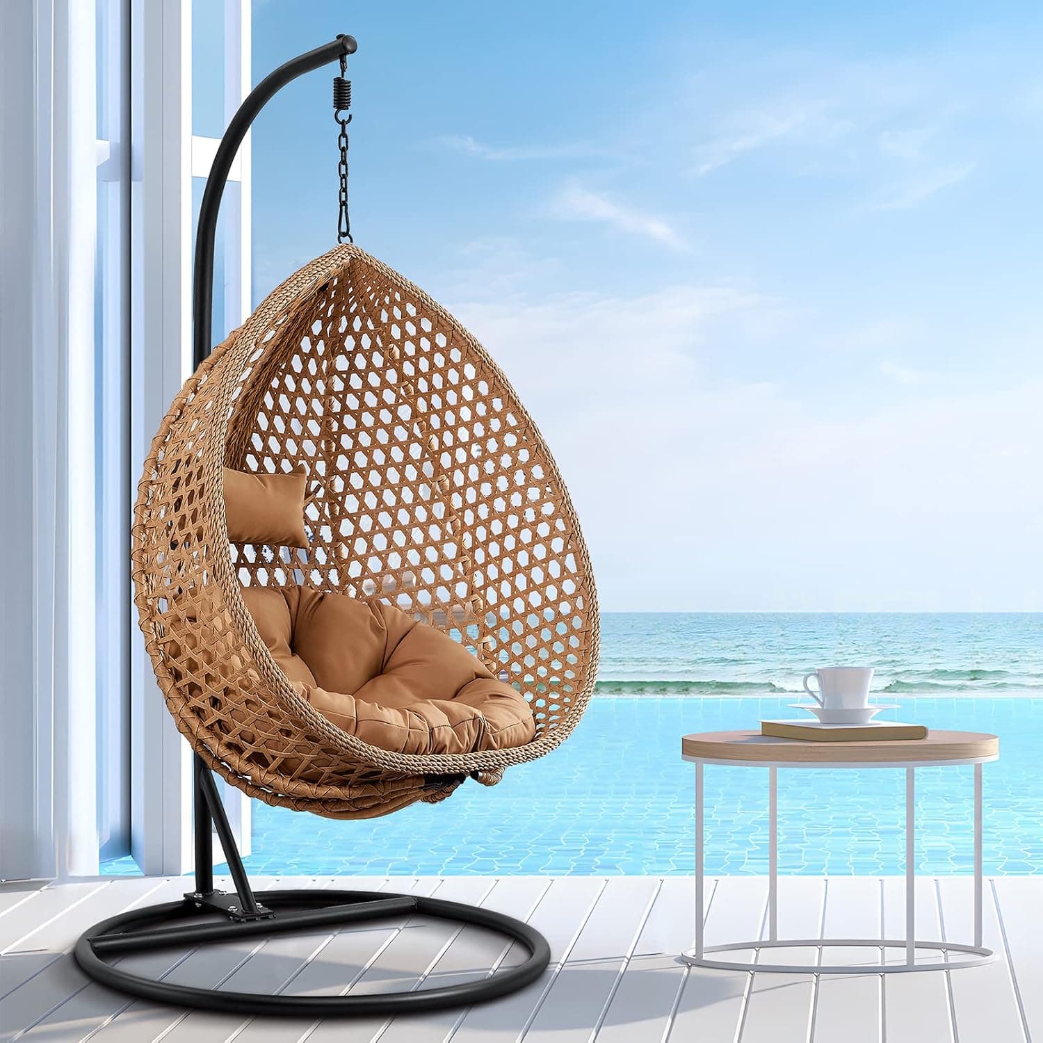 Hanging Egg Swing Chair with Stand, Rattan Wicker, 350 lb, Yellow