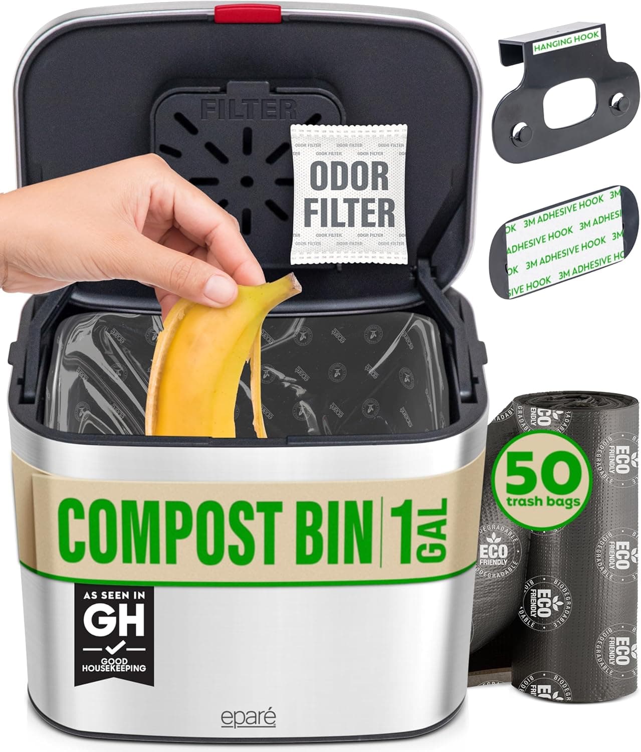 Eparé 1 Gallon Stainless Steel Compost Bin with 50 Bags & Filter