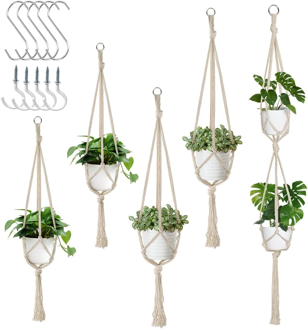 5 Pack Macrame Plant Hangers with S Hooks and Hook Nails, 3 Sizes 34"/40"/54", Boho Home Decor, Beige