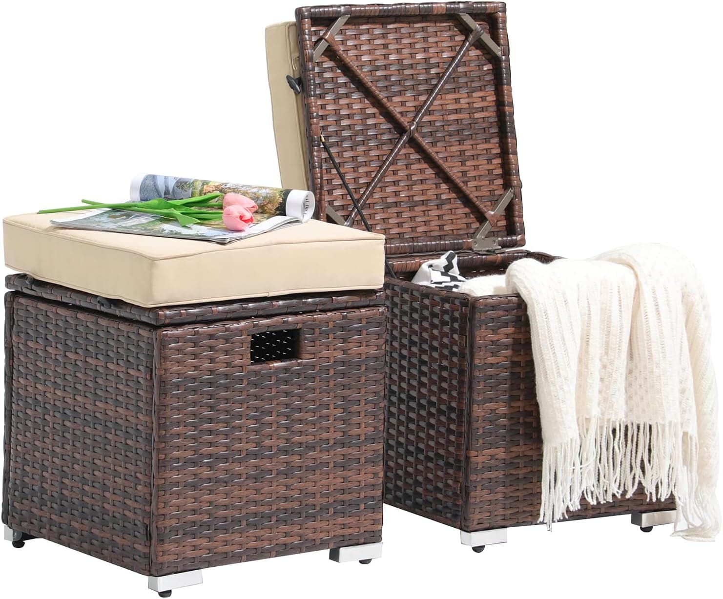 Patiorama 2 Piece Outdoor Patio Ottomans, All-Weather PE Rattan Wicker Ottoman with Storage, Footrest Footstool w/ Thick Cushion, Navy Blue