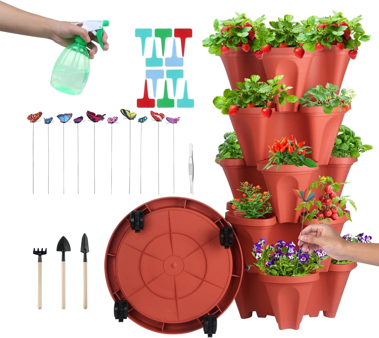 DUNCHATY Stackable Planters 6 Tier Vertical Garden Tower with Wheels