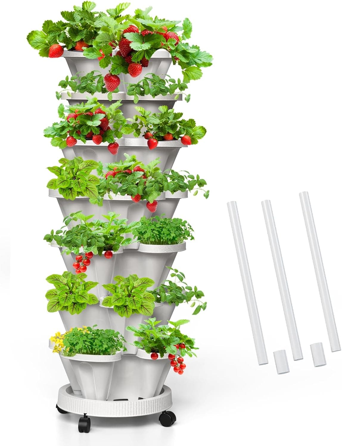 Tectsia Strawberry Vertical Planter 7-Tier with Support Pole (White)