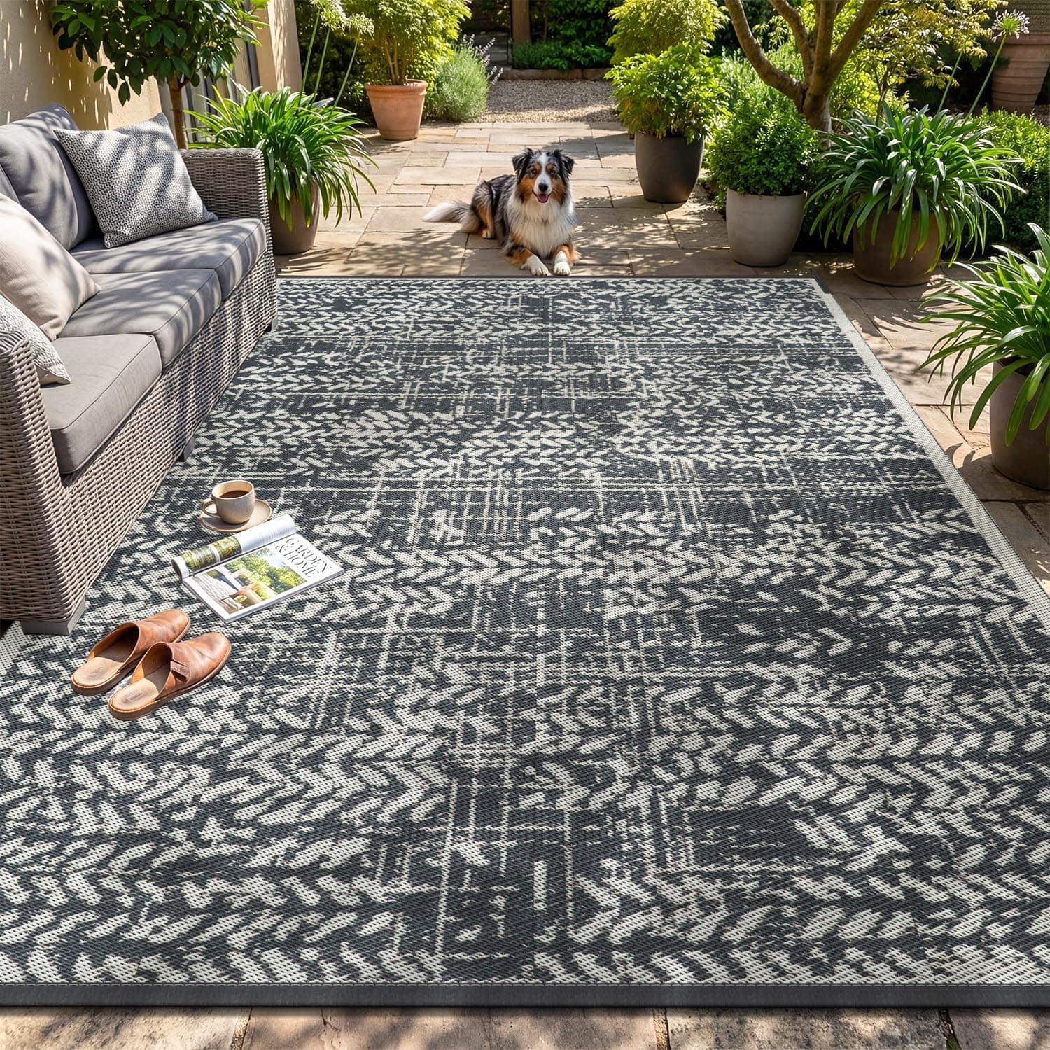 MontVoo Outdoor Rug 8x10 Waterproof, Reversible Plastic Straw, Grey