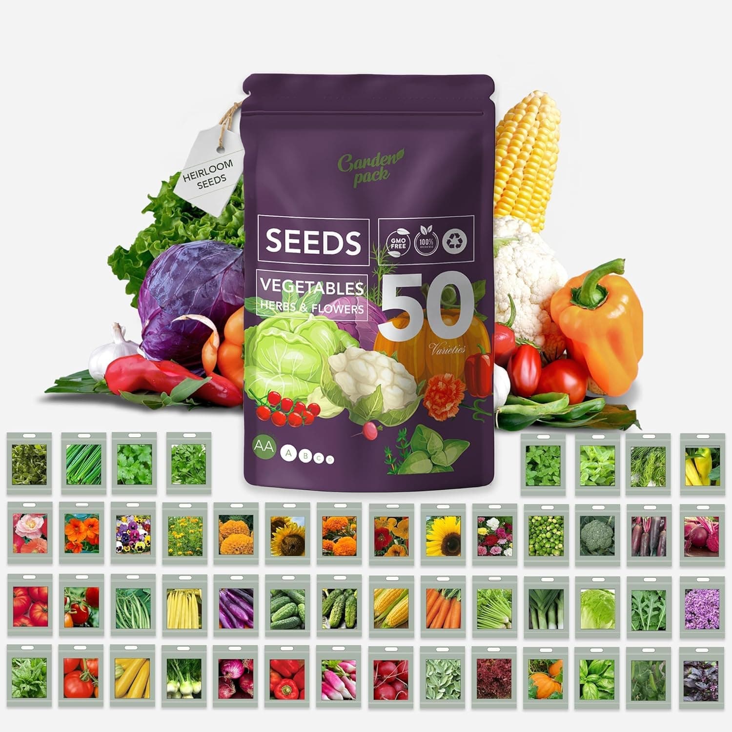 Garden Pack Vegetable Seeds Pouch 50 Varieties Non-GMO Heirloom