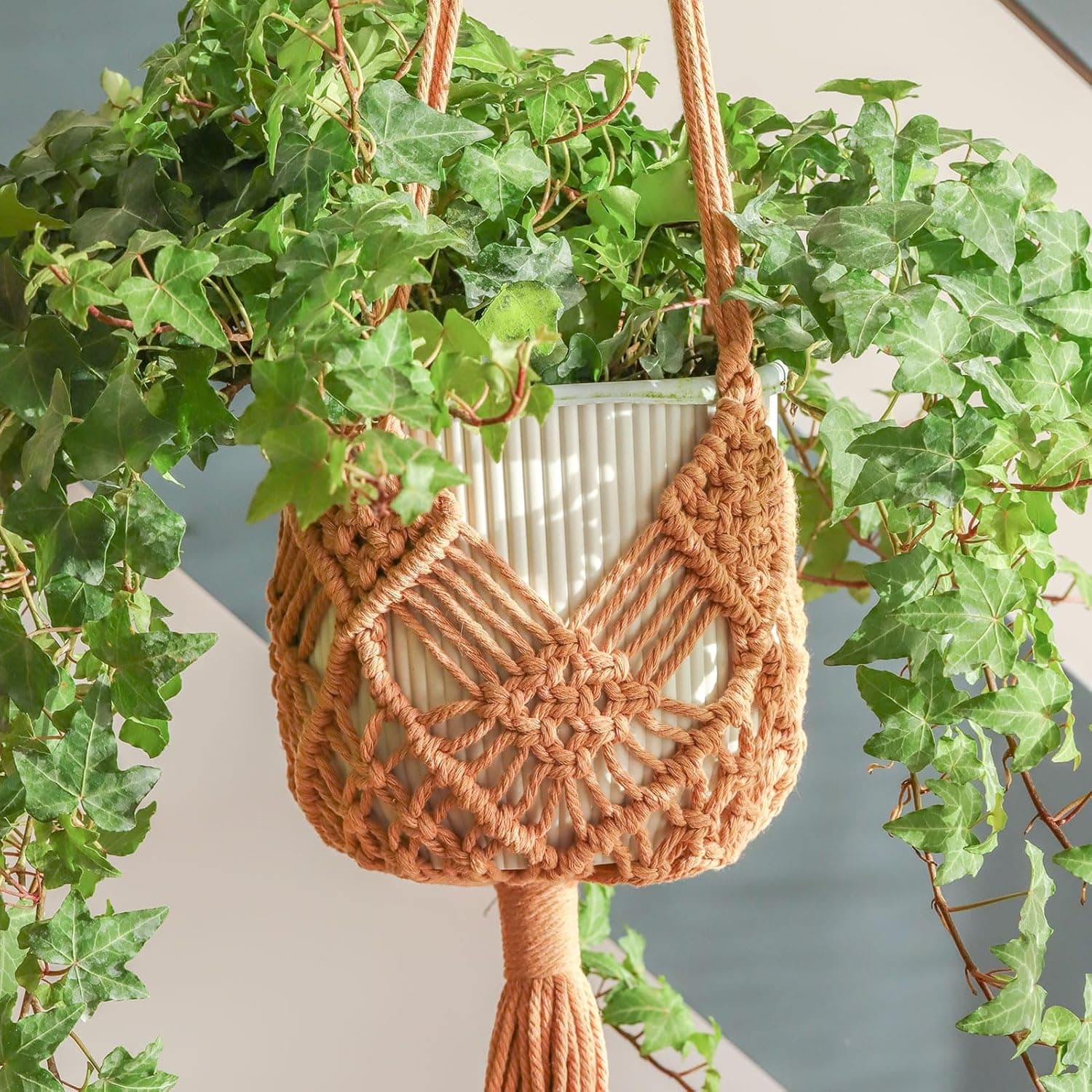 Hanging Planter with Patterns, 2 Packs Macrame Plant Hangers Indoor for up to 8 inch Pot with 2 S-Shaped Stainless Steel Hooks, Caramel