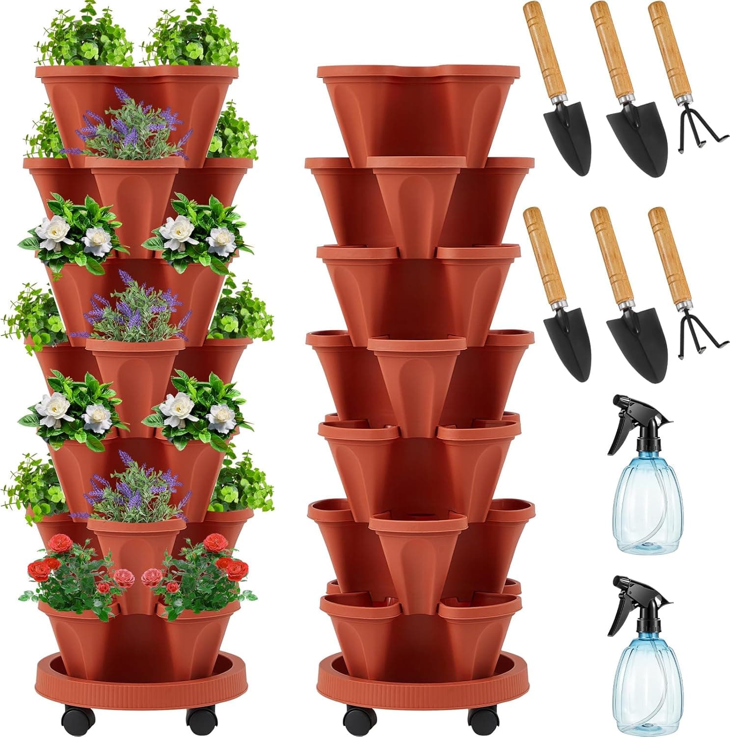 Umigy 2 Set of 7 Tier Vertical Planter Stackable Tower Planters with Removable Wheels, Brick Red