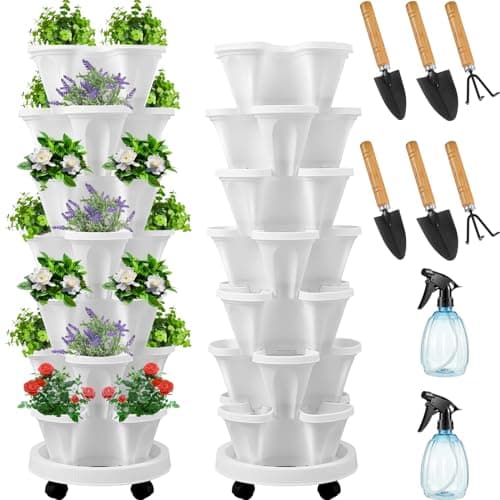 Umigy 2 Set White 7 Tier Vertical Planter Stackable Tower Planters Strawberry Herb Flower and Vegetable Pots Indoor Outdoor Gardening Pots with Removable Wheels and Tools