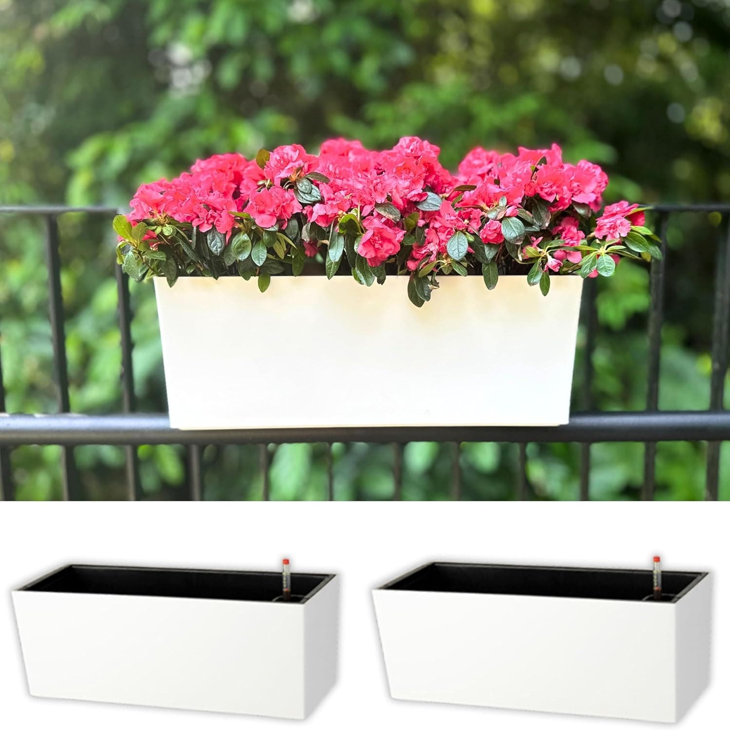 LaLaGreen Rail Planter for Balcony Outdoor 20 Inch 2 Pack White Self Watering Deck Railing Planters with Brack