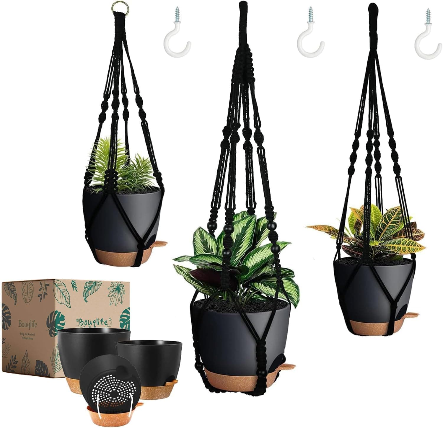 Bouqlife 3 Pack Self Watering Hanging Planters, Macrame Plant Hangers with Flower Pots