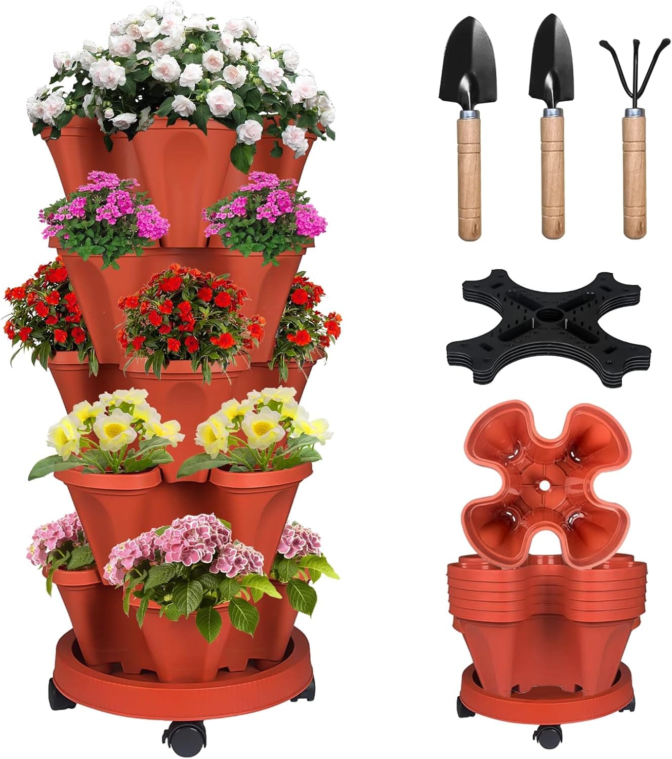 Bociks 5 Tier Vertical Strawberry Planter Tower Stackable Herb Planter with Tools and Mover