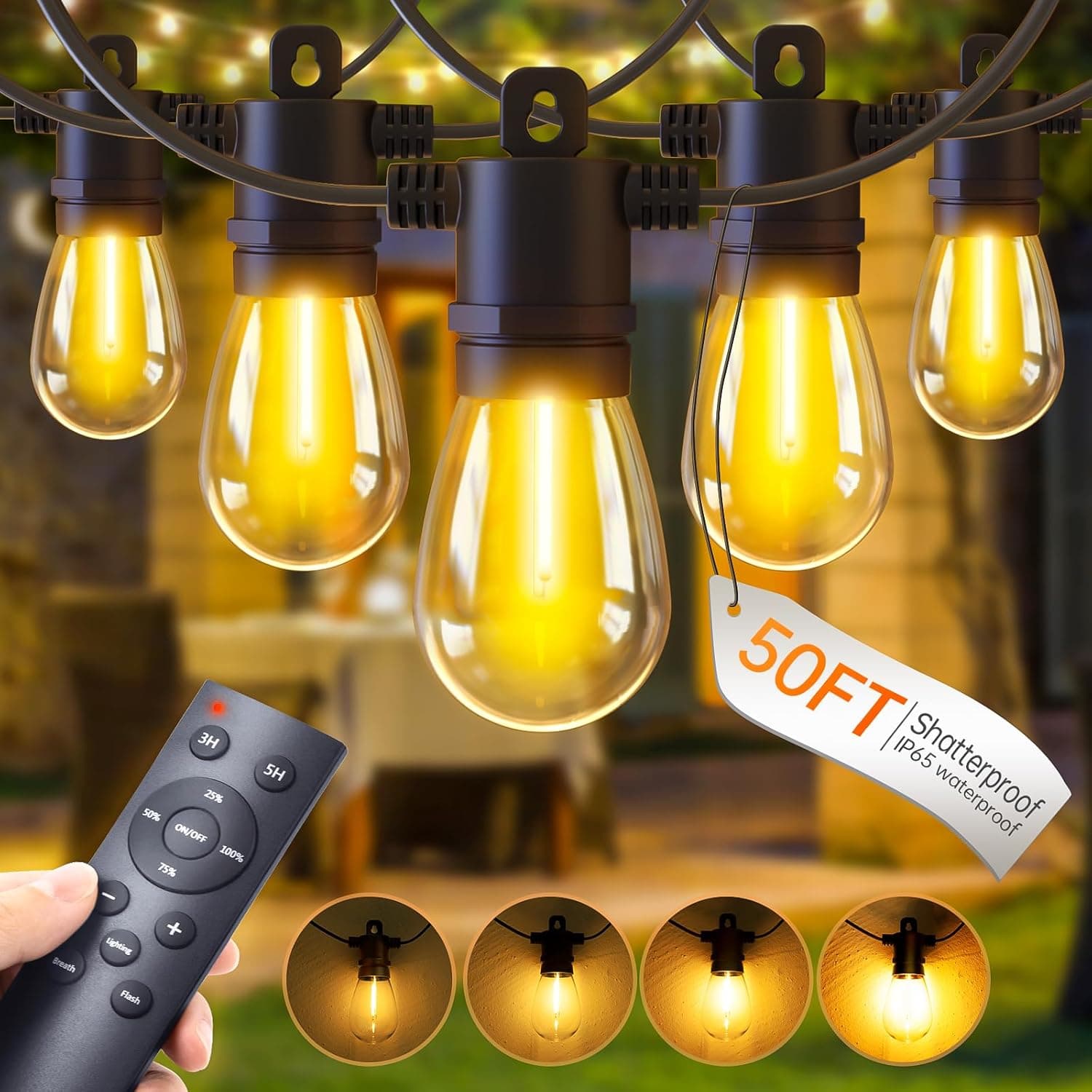 50FT LED Outdoor String Lights with Remote, Waterproof Edison Bulbs, 3 Modes