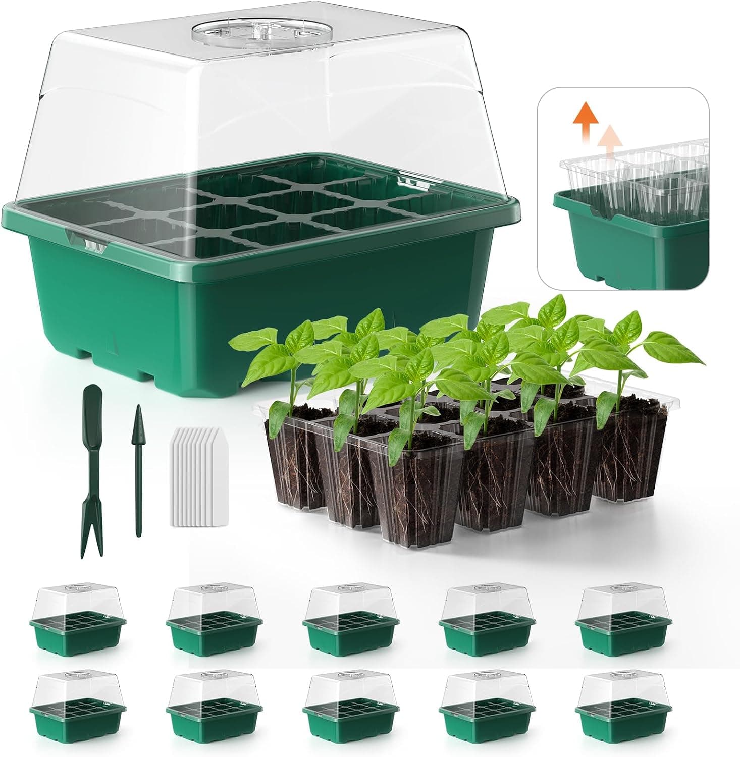 POROLIR Seed Starter Tray 10PCS Kit with Heightened Lids (12 Cells/Tray)