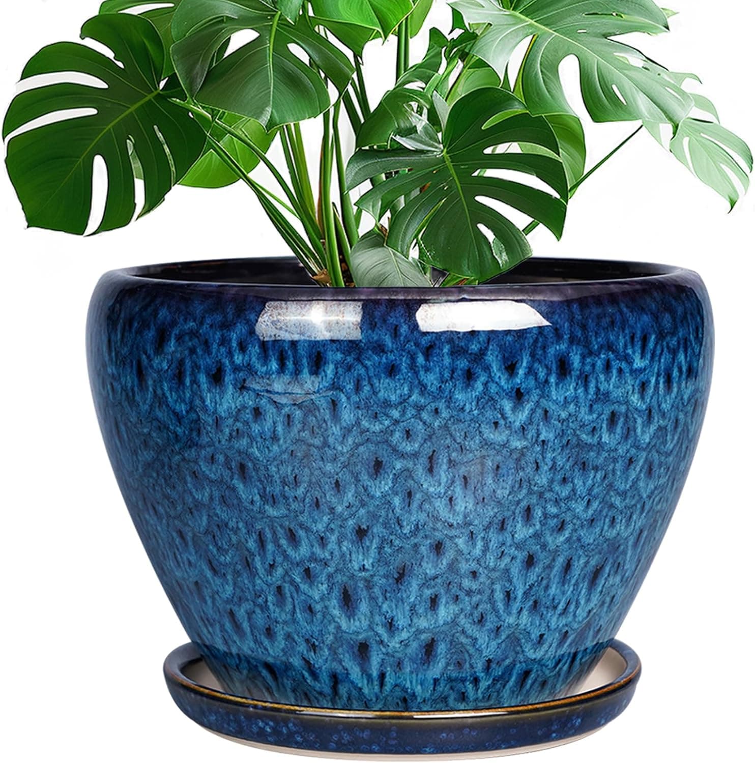 Ceramicfor 10 Inch Ceramic Planter Pot with Drainage and Saucer Blue