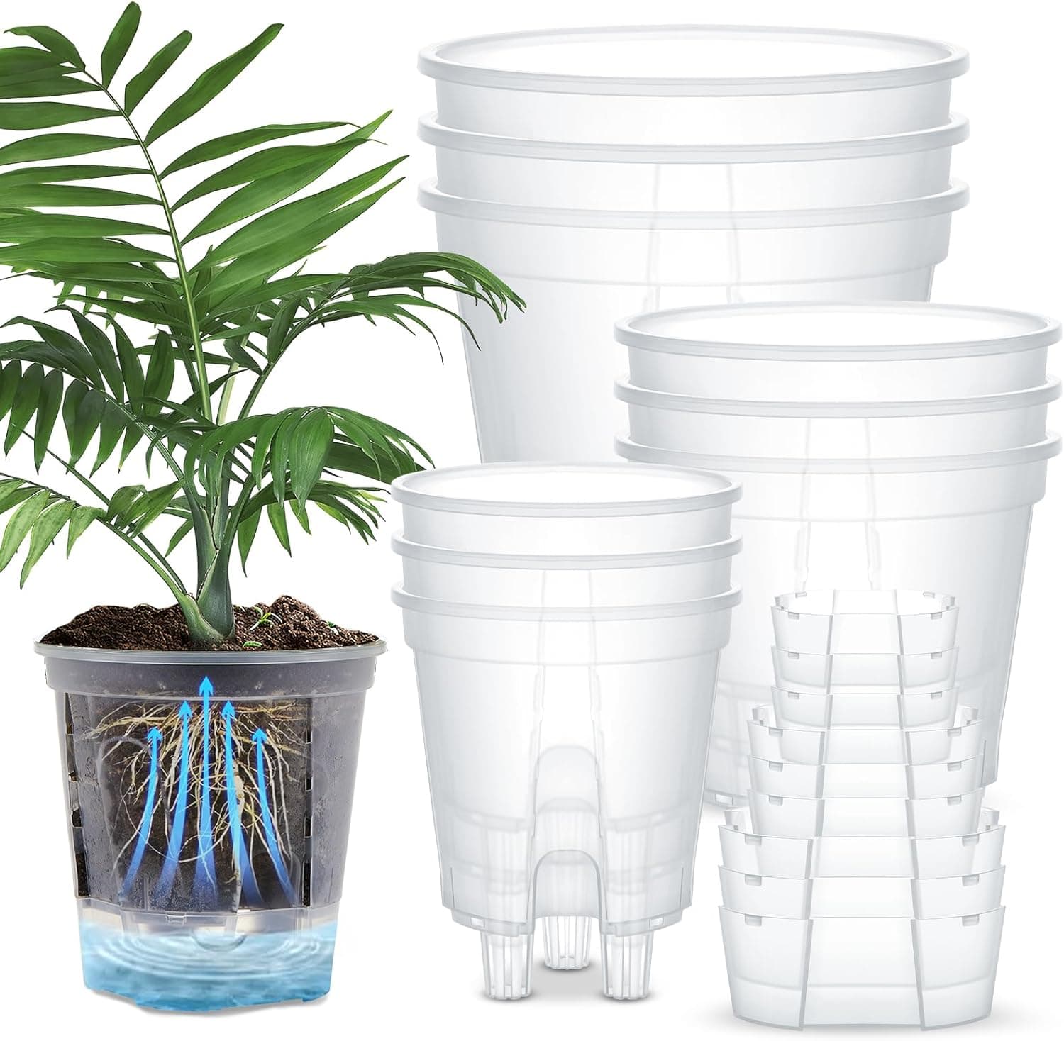 Wonderjune Self Watering Pots with Deep Reservoir and High Drainage Holes (4.72/5.91/7.09, Clear, 9 Pcs)