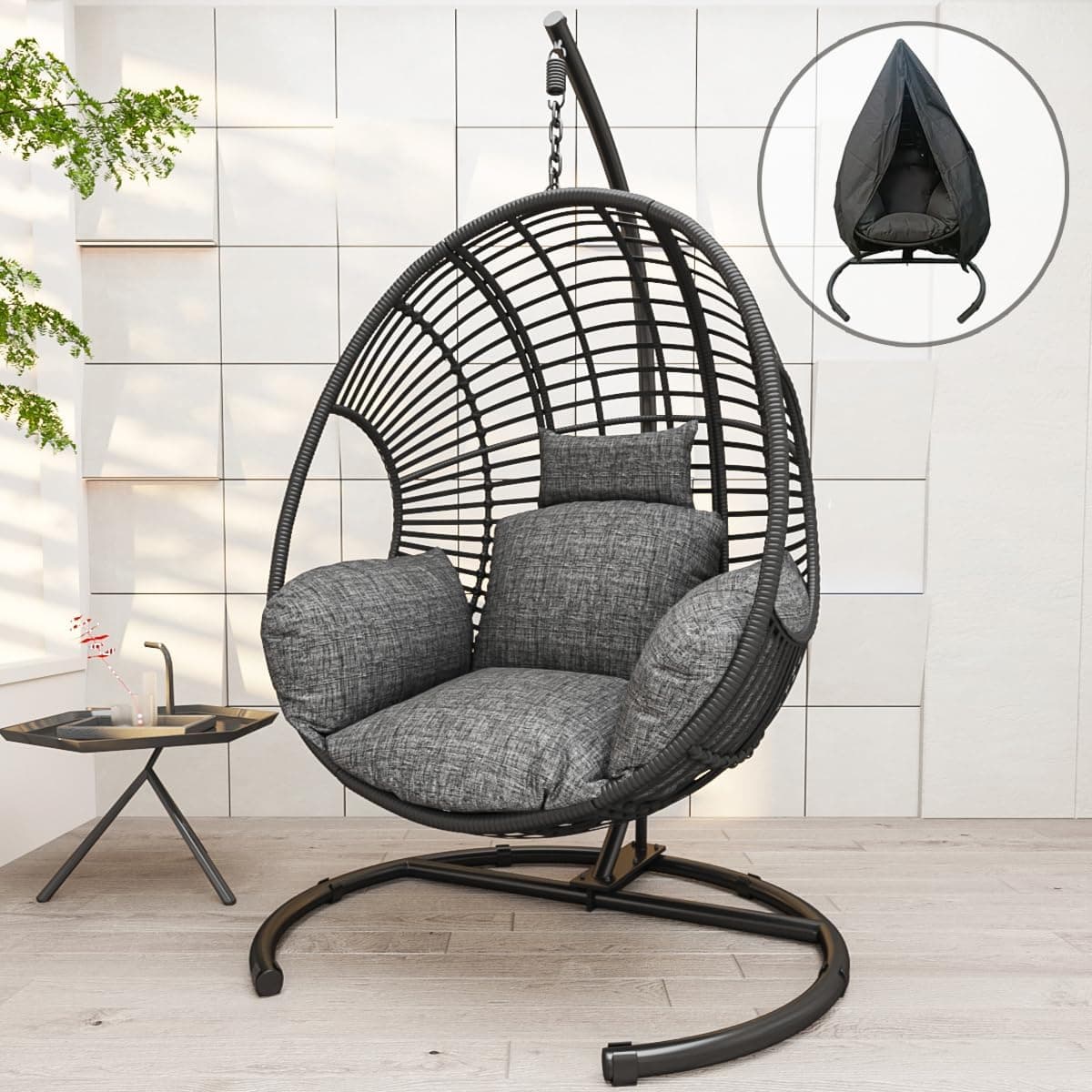 Hanging Egg Chair with Stand, Wicker Swing, 400 lb (Black)