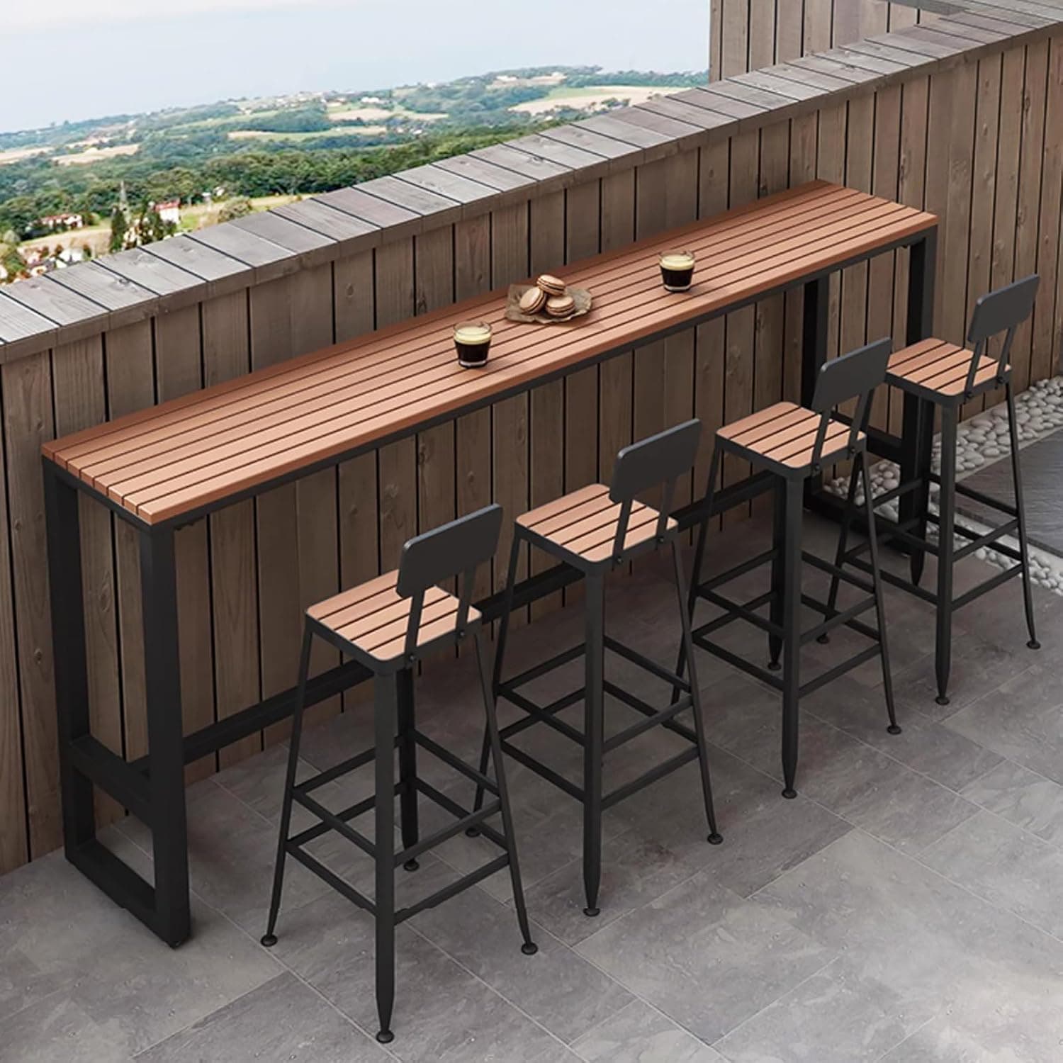 Modern Balcony Railing Bar Table, Wood Trestle 55.1in, Black