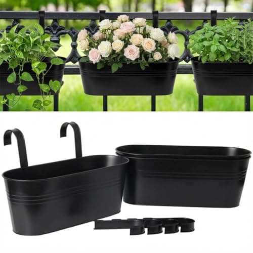 vensovo 16 Inch Railing Planter for Outdoor Plants - 3 Pack Large Metal Balcony Hanging Planters with Detachable Hooks and Drain Holes Oval Box Rail Pots for Home Garden Fence, Black