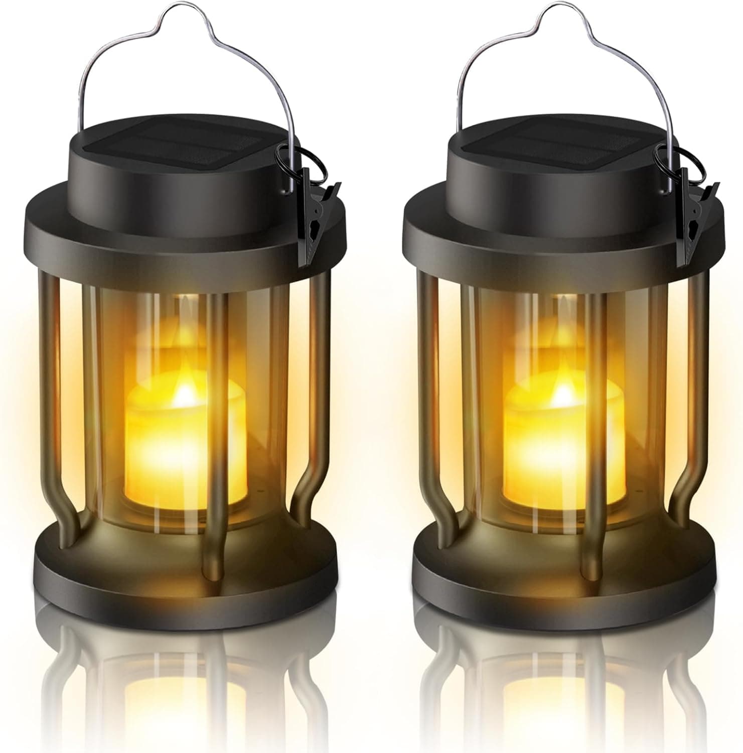 Solar Lantern Outdoor, Hanging Flickering Flameless Candle, Weatherproof, 2-Pack