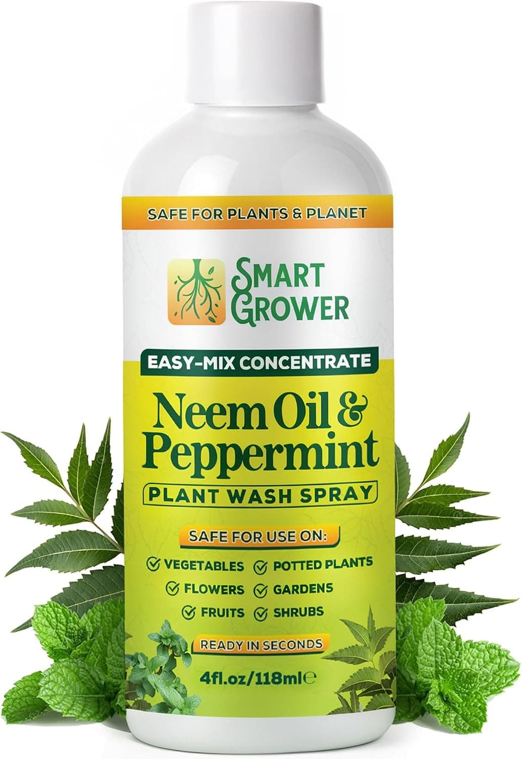 Smart Grower Neem Oil Concentrate with Peppermint Oil, Indoor & Outdoor Plants, 4 oz (Makes 1/2 Gallon)