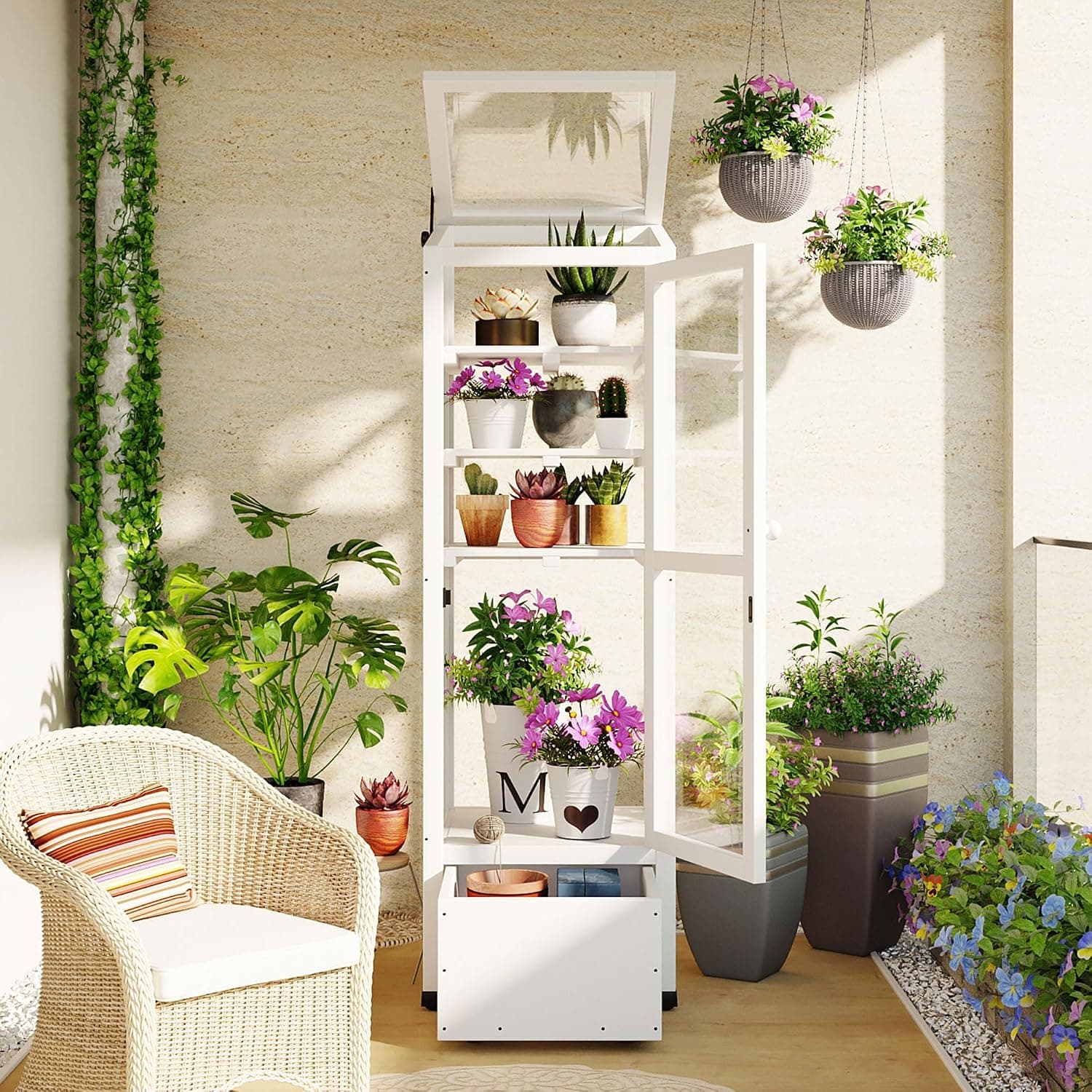 62.4-inch Wood Garden Greenhouse Balcony Portable Mini Cold Frame with Movable Storage Box and Adjustable Shelves (White)