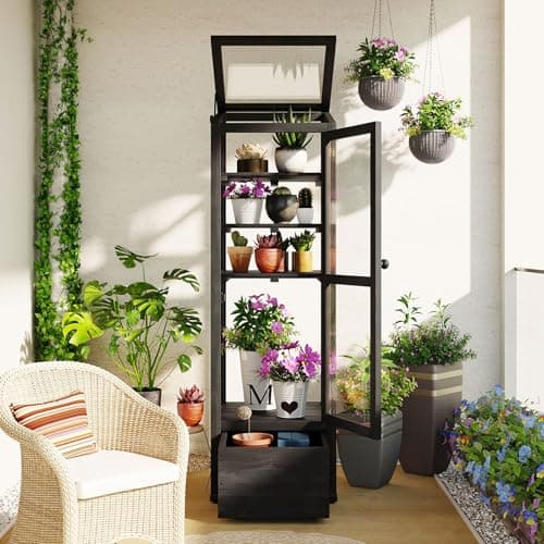 SICWEDIM 62.4inch Height Wood Garden Greenhouse Balcony Portable Mini Cold Frame with Movable Storage Box and Adjustable Shelves for Outdoor Indoor Use (Black)