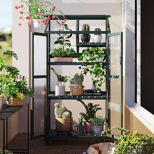 62" H Indoor Wood Greenhouse, Balcony Large Cold Frame with Wheels and Adjustable Shelves for Outdoor Indoor Use, Green