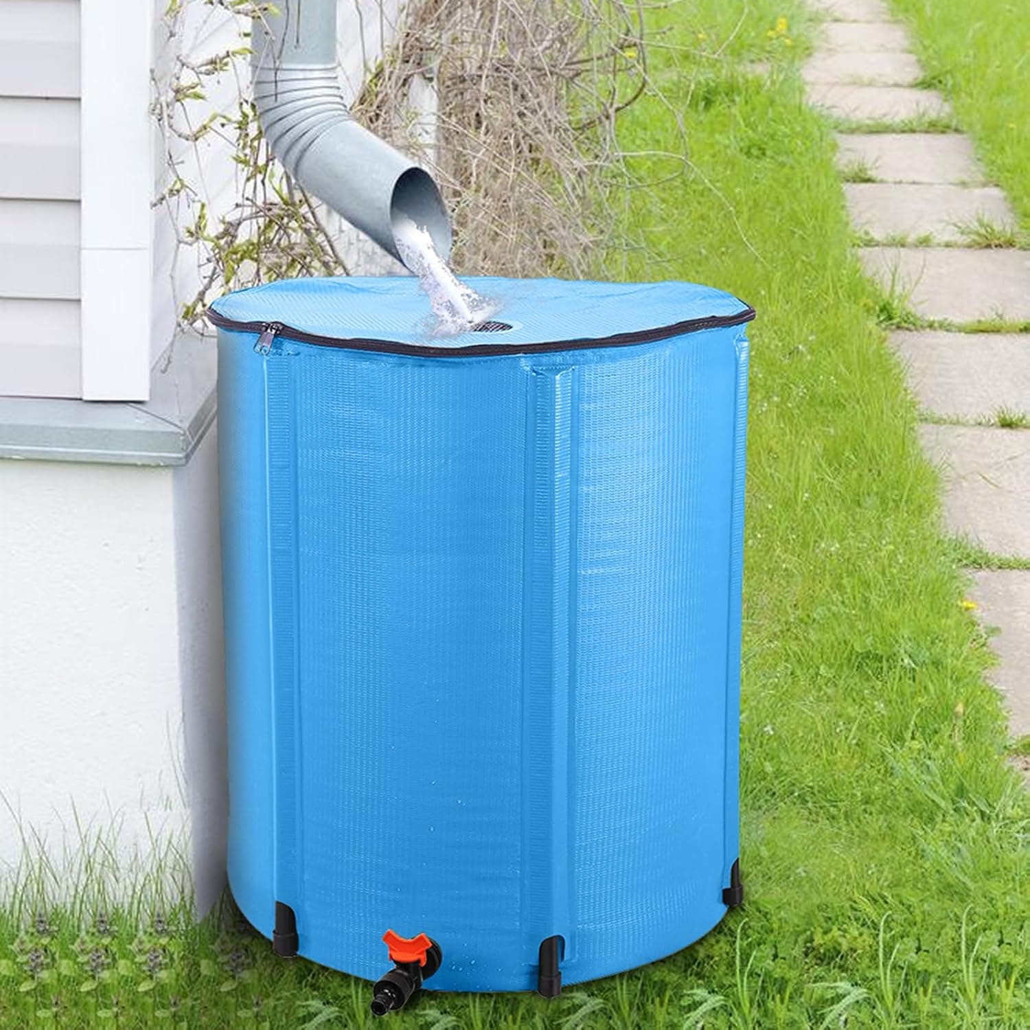 Collapsible Rain Barrel 50 Gallon Folding with Spigots and Hose Blue