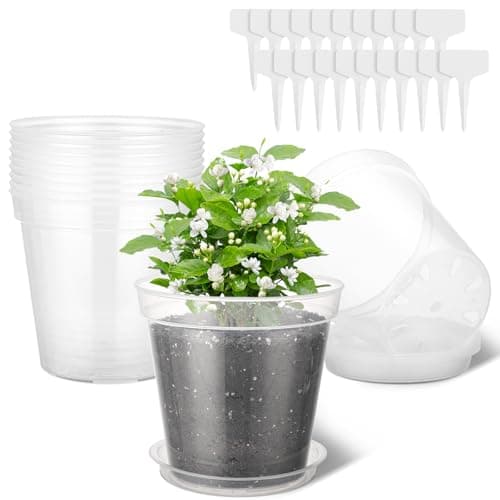 GREANER Clear Pots for Plants, 7 Inch 12 Packs Transparent Plastic Nursery Pots with Saucer and Drainage Holes, Garden Planters for Succulents Flowers Herb Vegetables