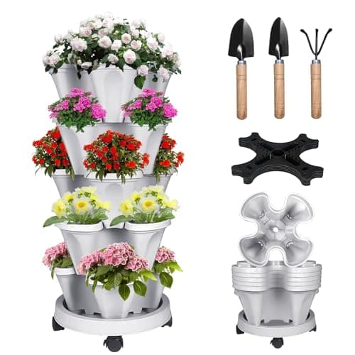 Bociks Vertical Strawberry Planter 5 Tier Stackable Tower Herb Planters-Stacking Garden Outdoor Planter Pot With Tools Mover For Succulents, Vegetables and Flowers