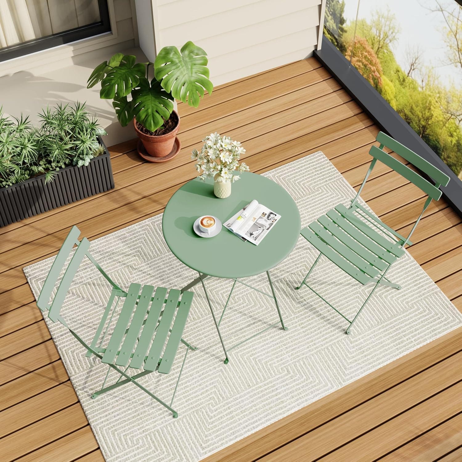 Bistro Table and Chairs Set of 2, 3 Piece Folding Patio Bistro Set, Green