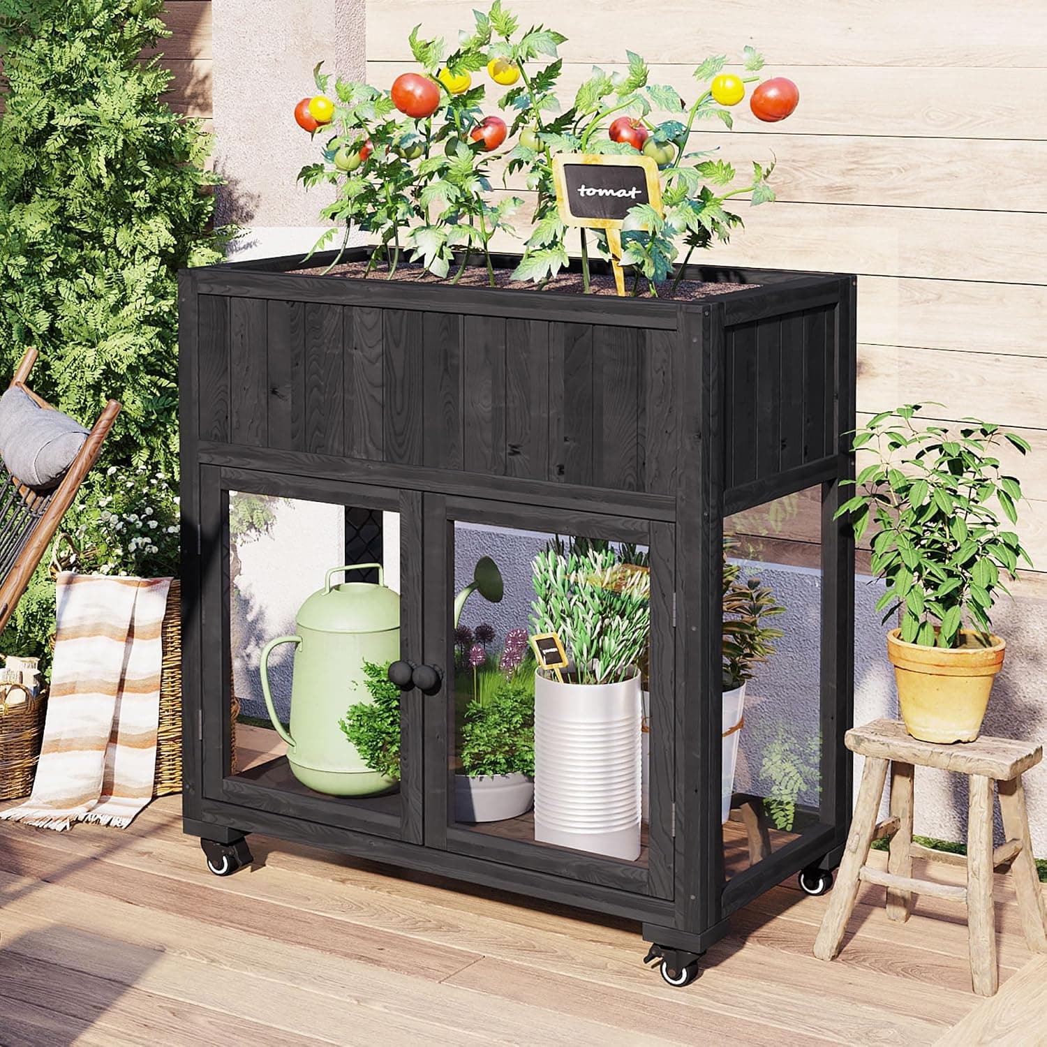Portable Mini Greenhouse Wood Cold Frame on Wheels, 2-Door Raised Garden Planter Box with Liner for Patio Balcony (Black)