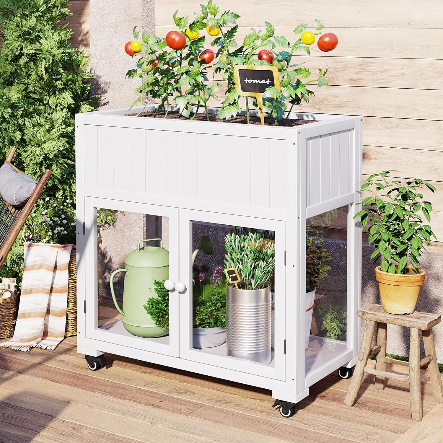 Portable Mini Greenhouse Wood Cold Frame on Wheels, 2-Door Raised Garden Planter Box with Liner for Patio Balcony (White)