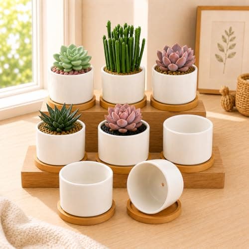 ZOUTOG 8 Pack 3.1" Ceramic Succulent Pots,White Planter with Drainage Tray | Round Flower Plant Pot Ideal for Windowsill, Bedroom and Living Room, Great for Succulents, Cacti & Small Indoor Green Plants