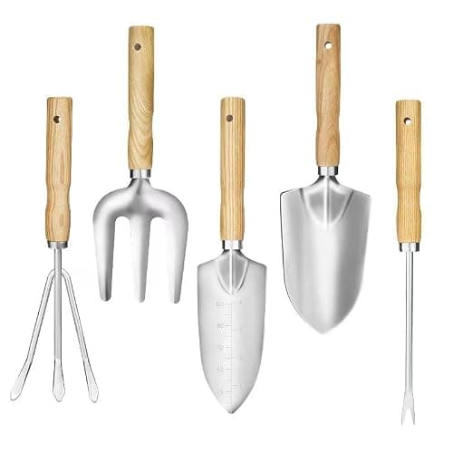 XFSPYY Garden Tool Set, 5 Piece Stainless Steel Gardening Tools with Wooden Handles Hand Tools with Transplanting Hand Shovel, Rake and Root Picker Ideal for Digging and Planting.