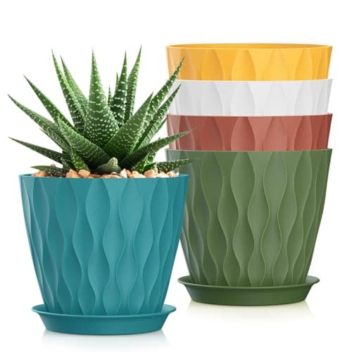 SQKH 7 Inch Plant Pots 5 Pack, Flower Planters with Drainage Holes and Trays,Plastic Pots for Indoor Outdoor Plants,Multicolor