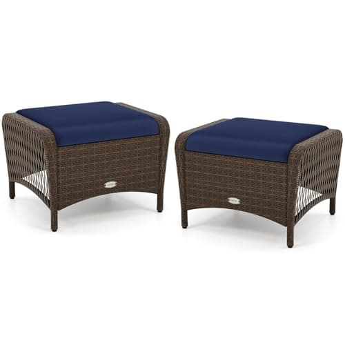 HAPPYGRILL 2-Piece Patio Wicker Ottomans with Removable Cushions, Outdoor Rattan Footrest Side Table for Porch, Garden and Backyard (Navy)