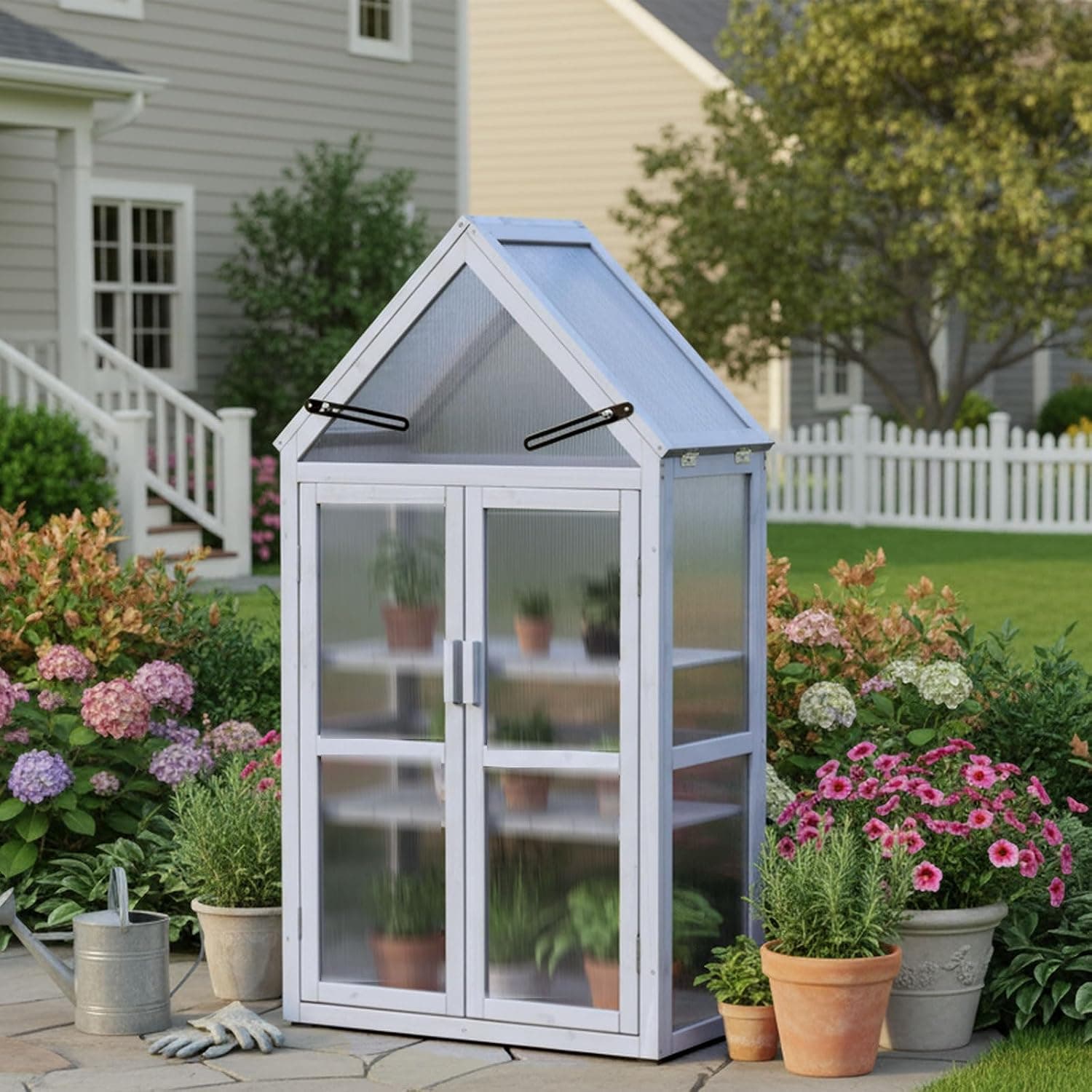 JOYBASE Wooden Mini Cold Frame Greenhouse with Adjustable Shelves, Opening Roof & Wall Mounts for Patio Balcony