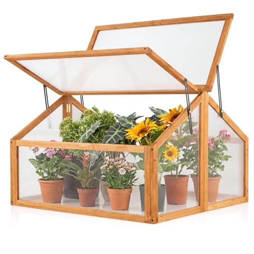 Giantex Wood Cold Frame Greenhouse, Portable Raised Flower Planter Protection with Transparent Openable Roof, Small Indoor Outdoor Hot House for Garden Sunroom Balcony, 36”x33”x23”
