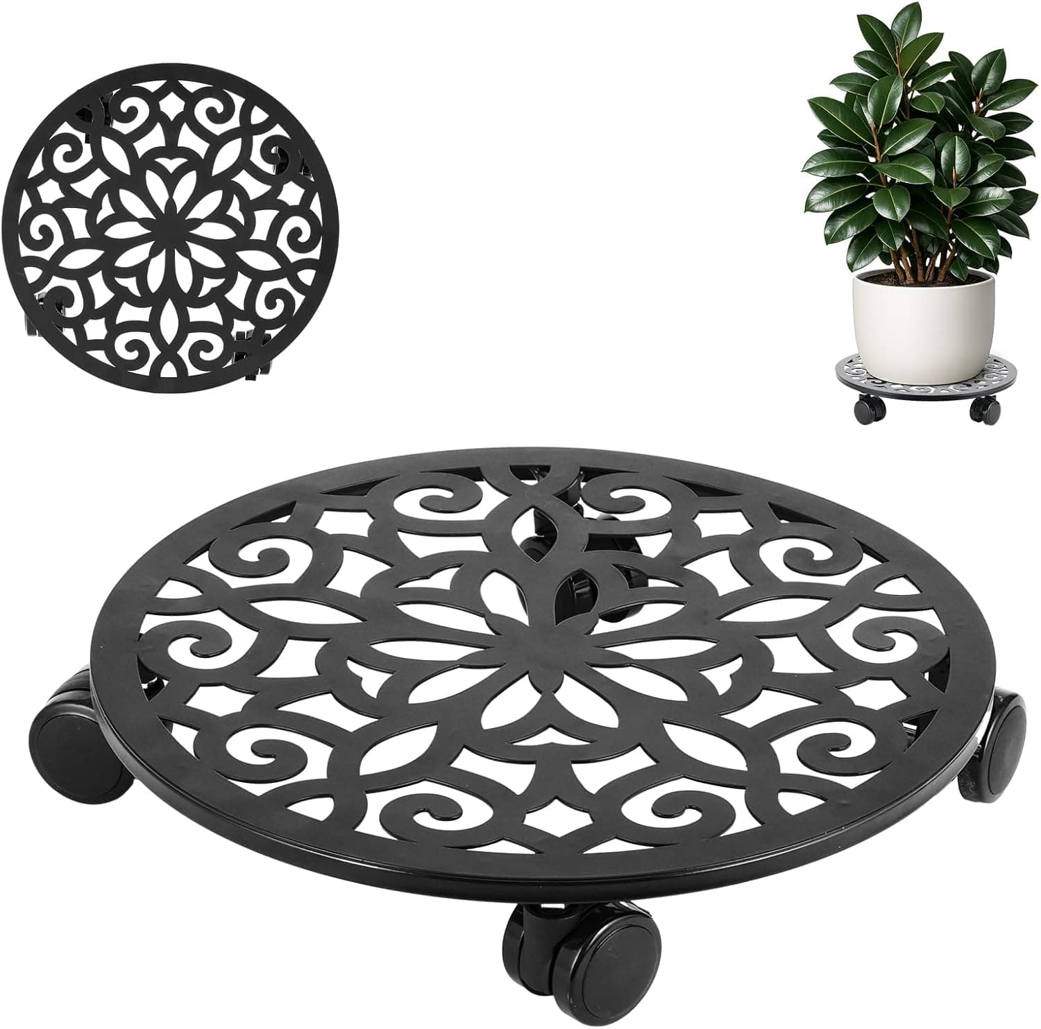 Plant Caddy with Wheels 12" Rolling Iron Metal Tray Lockable Wheels