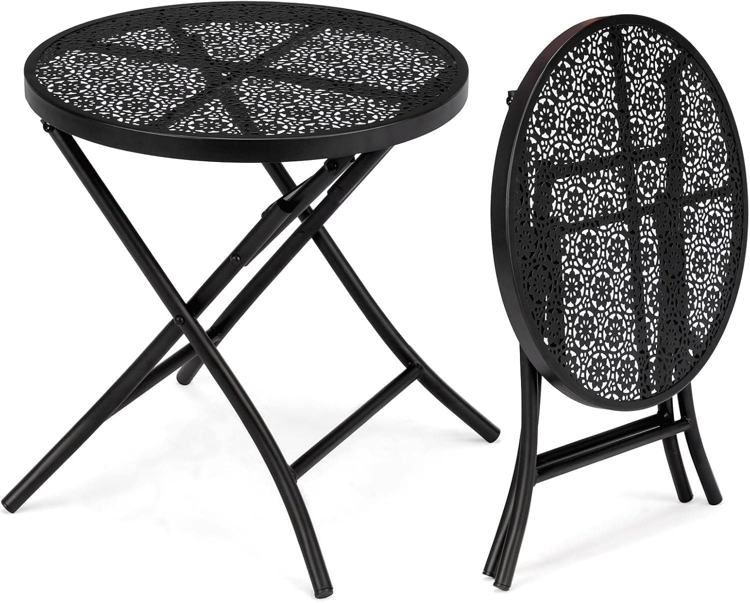 Folding Small Outdoor Side Table, Patio Folding Side Table, Anti Rust Round Metal Nightstand with Flower Cutouts for Porch Yard Balcony Deck