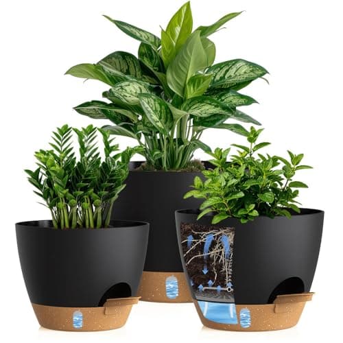 KUGAZ Self Watering Pots with Drainage Holes, 3 Pack 12/10/8 Inch Plant Pots with Water Level Indicator Deep Reservoir, Large Plastic Planter for Indoor Outdoor Plants - Black Brown
