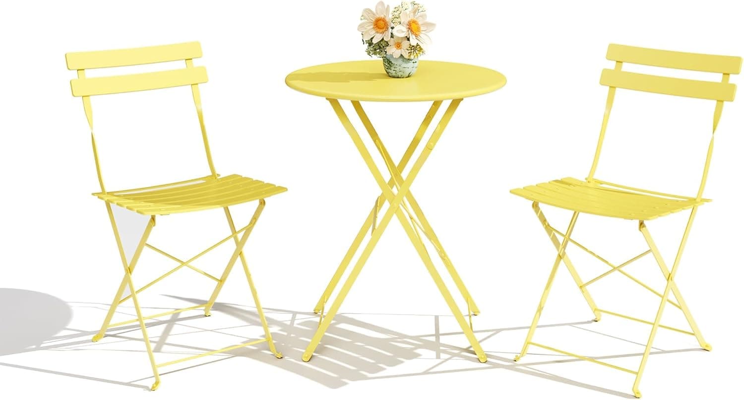 3-Piece Folding Bistro Set, Space-Saving Heavy-Duty Powder-Coated Steel, Yellow